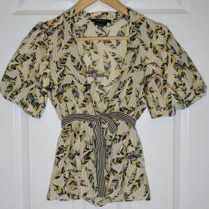 Silk Blouse Belted Top BCBGMaxAzria Sheer Feather Print Balloon Sleeve Collared